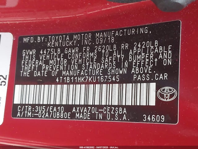 4T1B11HK7KU167545 Toyota CAMRY SE
