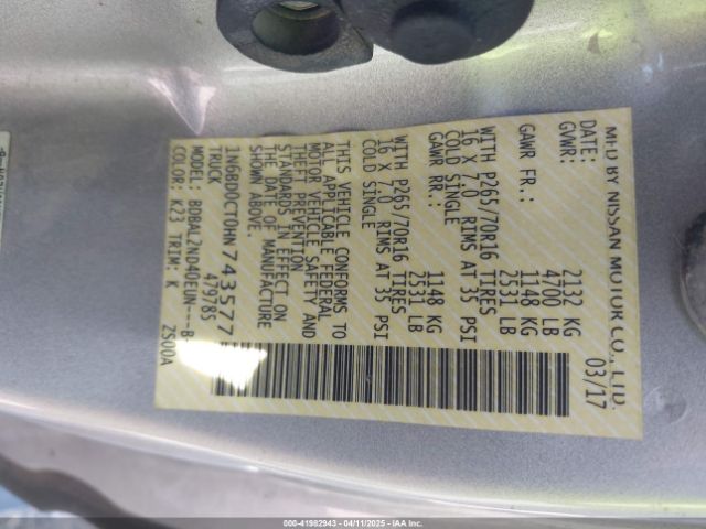 1N6BD0CT0HN743577 Nissan Frontier Sv-i4
