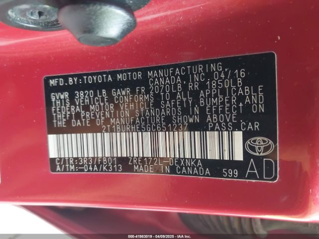 2T1BURHE5GC651237 Toyota COROLLA LE