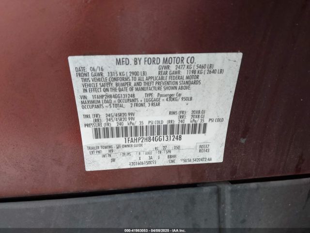 1FAHP2H84GG131248 Ford TAURUS SEL