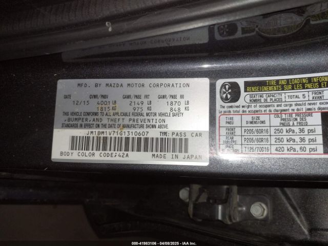 JM1BM1V71G1310607 Mazda Mazda3 I Touring