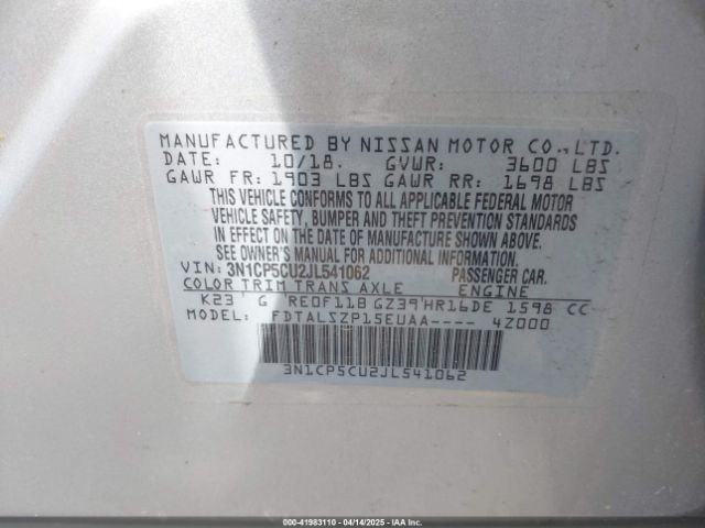 3N1CP5CU2JL541062 Nissan KICKS SV