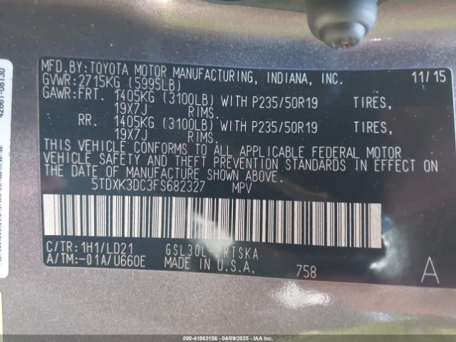 5TDXK3DC3FS682327 Toyota Sienna Se Premium 8 Passenger