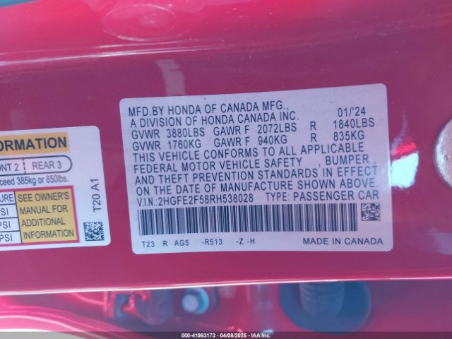 2HGFE2F58RH538028 Honda Civic Sport