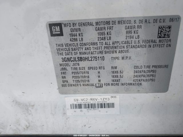 3GNCJLSB9HL275110 Chevrolet Trax Lt