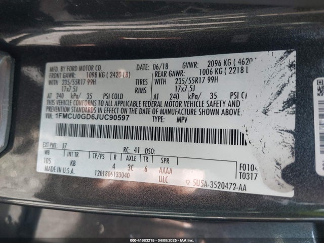 1FMCU0GD6JUC90597 Ford ESCAPE SE