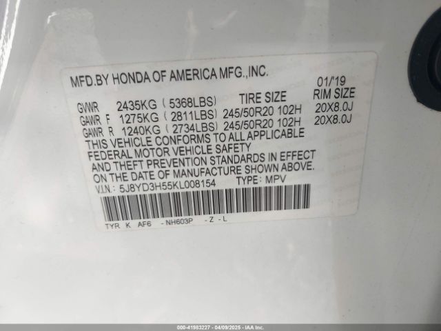 5J8YD3H55KL008154 Acura Mdx Tech Pkg