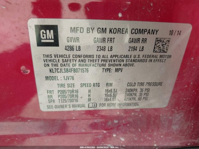 KL7CJLSB4FB071576 Chevrolet Trax Lt