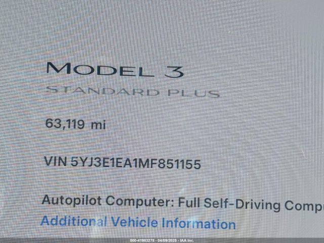 5YJ3E1EA1MF851155 Tesla Model 3 Standard Range Plus Rear-wheel Drive