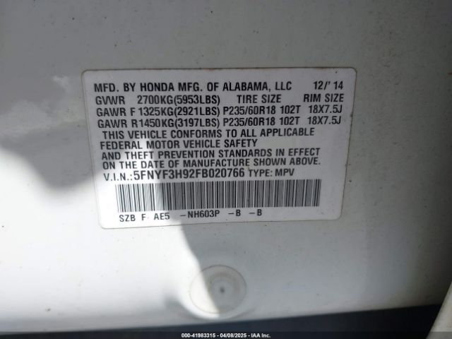 5FNYF3H92FB020766 Honda Pilot Touring