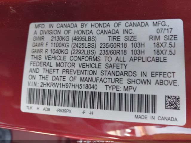 2HKRW1H97HH518040 Honda Cr-v Touring