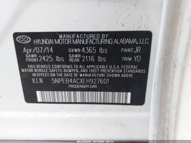5NPEB4ACXEH927601 Hyundai SONATA GLS