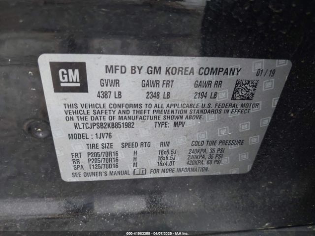 KL7CJPSB2KB851982 Chevrolet Trax Lt