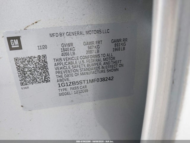 1G1ZB5ST1MF038242 Chevrolet Malibu Fwd Ls
