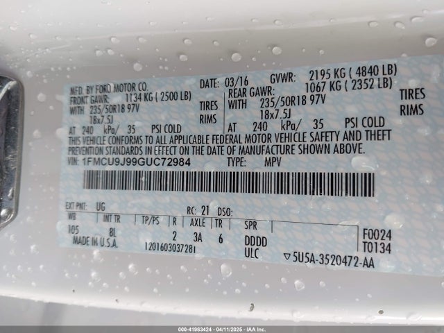 1FMCU9J99GUC72984 Ford Escape Titanium