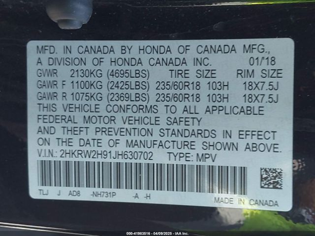 2HKRW2H91JH630702 Honda Cr-v Touring