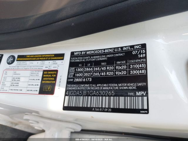 4JGDA5JB1GA630265 Mercedes-Benz GLE 350