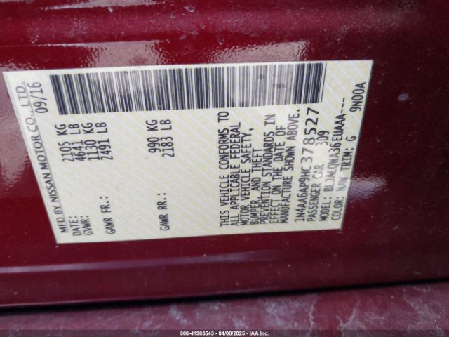 1N4AA6AP9HC378527 Nissan Maxima 3.5 Platinum/3.5 S/3.5 Sl/3.5 Sr/3.5 Sv