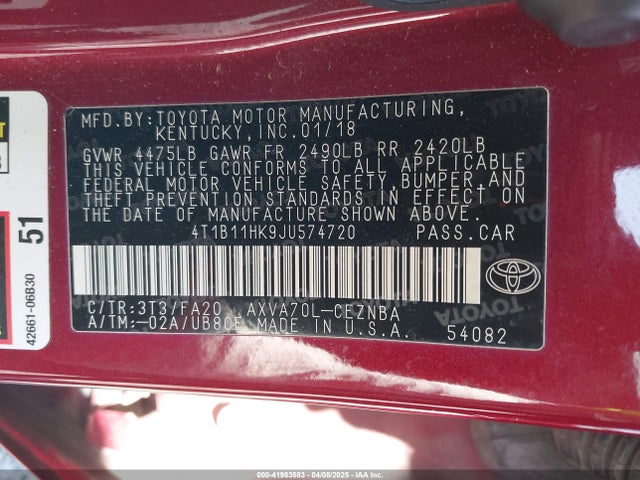 4T1B11HK9JU574720 Toyota CAMRY LE