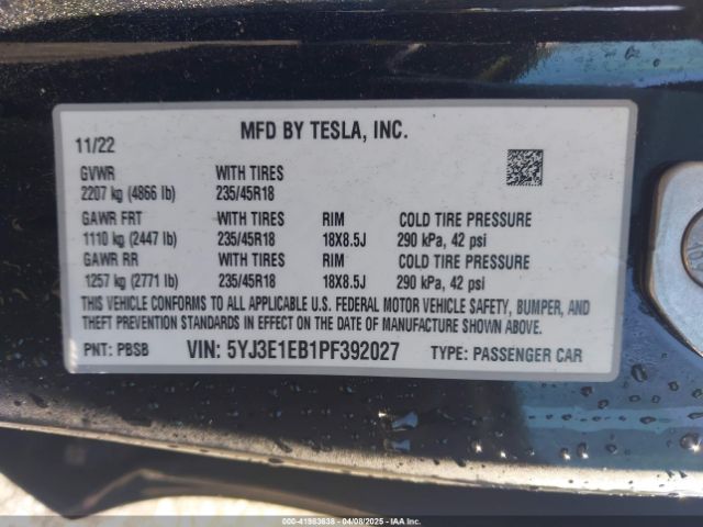 5YJ3E1EB1PF392027 Tesla Model 3 Long Range Dual Motor All-wheel Drive