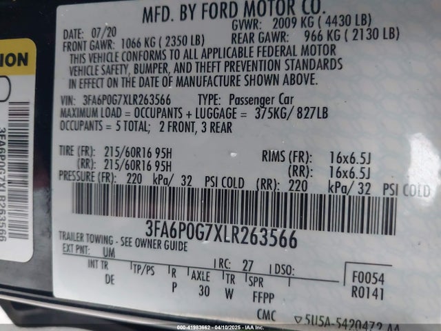 3FA6P0G7XLR263566 Ford FUSION S