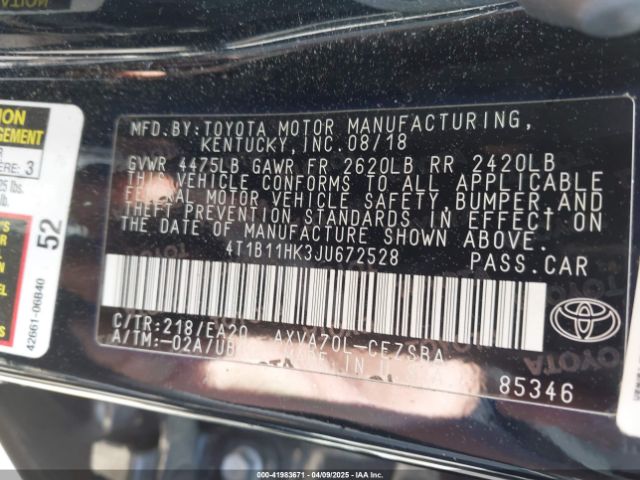 4T1B11HK3JU672528 Toyota CAMRY SE