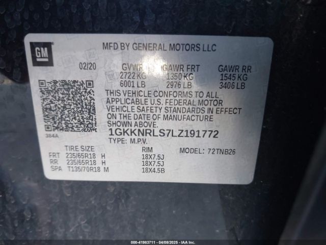 1GKKNRLS7LZ191772 GMC Acadia Fwd Sle
