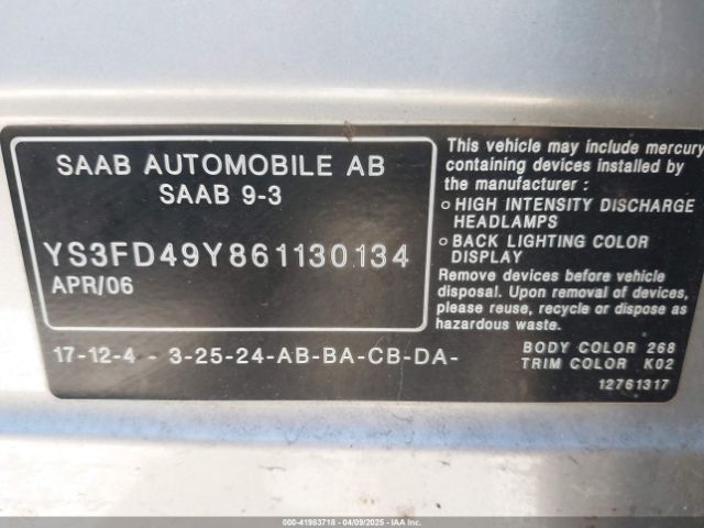 2006 SAAB 9-3 YS3FD49Y861130134 Photo 8