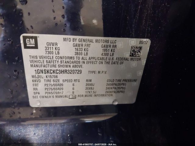 1GNSKCKC3HR320729 Chevrolet Tahoe Premier