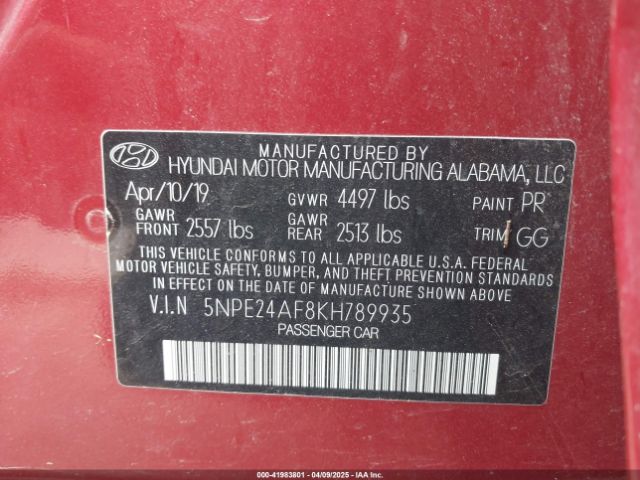 5NPE24AF8KH789935 Hyundai SONATA SE
