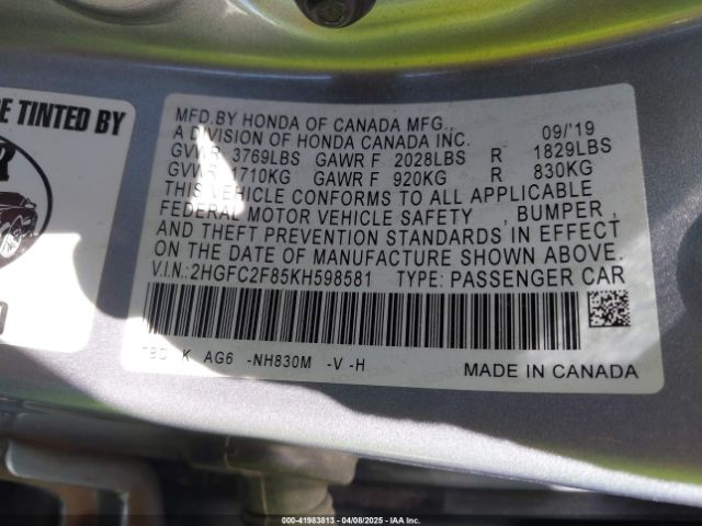 2019 HONDA CIVIC 2HGFC2F85KH598581 Photo 8