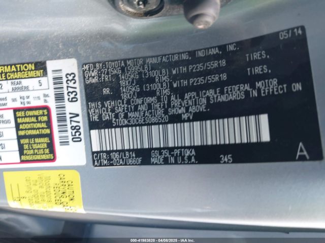 5TDDK3DC6ES086520 Toyota Sienna Xle 7 Passenger
