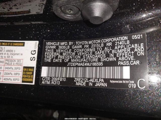 JTDEPMAE4MJ186595 Toyota COROLLA LE
