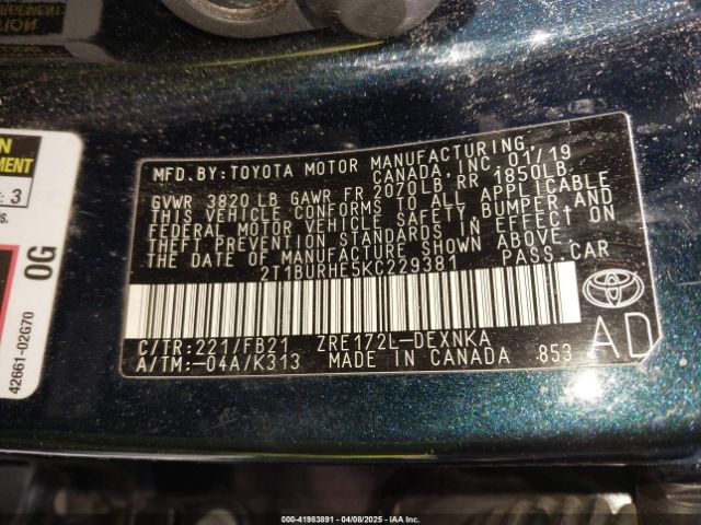 2T1BURHE5KC229381 Toyota COROLLA LE