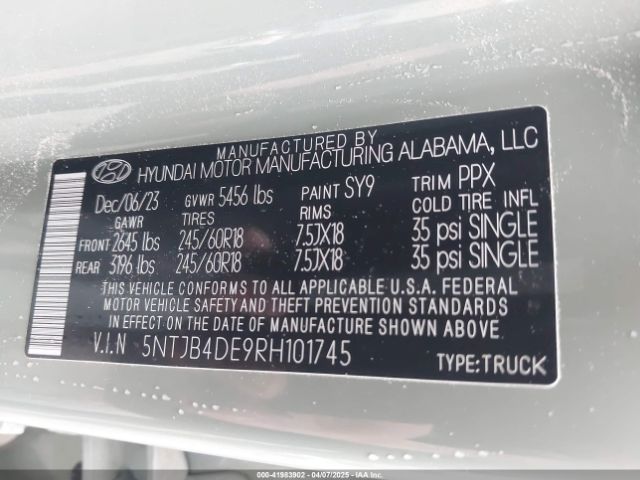 5NTJB4DE9RH101745 Hyundai Santa Cruz Sel