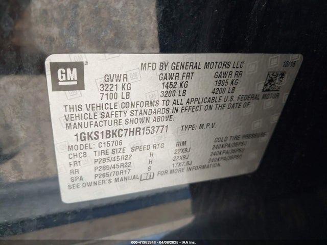 1GKS1BKC7HR153771 GMC YUKON SLT