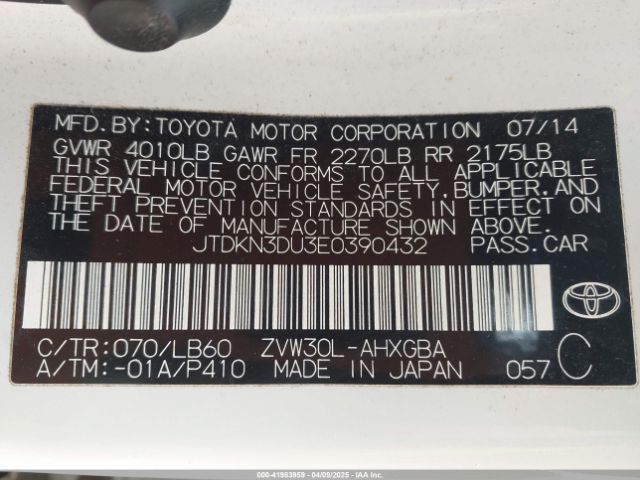 JTDKN3DU3E0390432 Toyota Prius Five