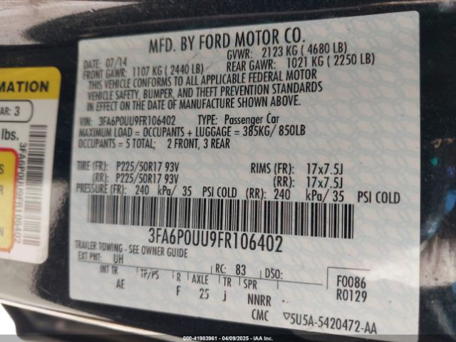 3FA6P0UU9FR106402 Ford Fusion Hybrid S