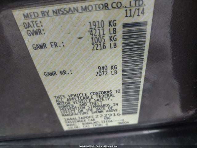 Nissan Altima 2.5 Sv 2015 1N4AL3AP0FC222916 Image 9