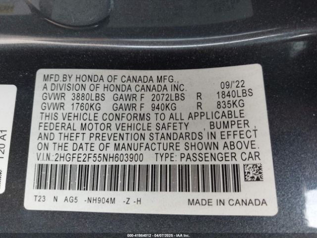 2HGFE2F55NH603900 Honda Civic Sport
