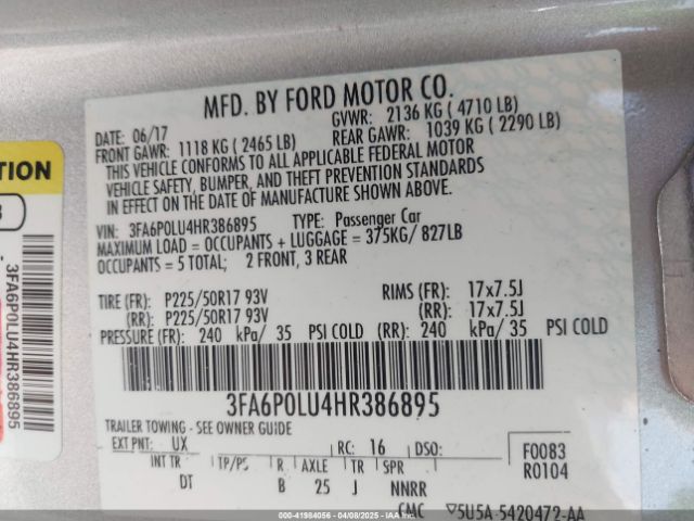 3FA6P0LU4HR386895 Ford Fusion Hybrid Se