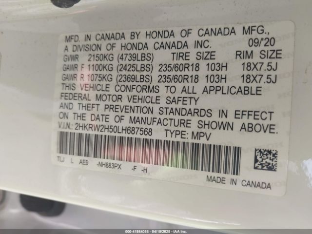 2HKRW2H50LH687568 Honda Cr-v Awd Ex