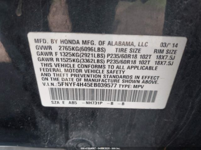 5FNYF4H45EB039577 Honda Pilot Ex