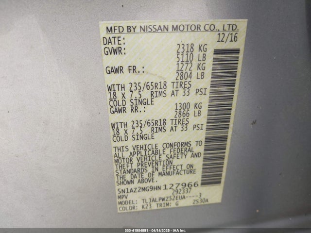 5N1AZ2MG9HN127966 Nissan MURANO S