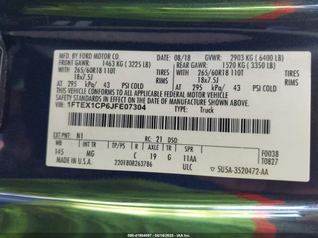 1FTEX1CP6JFE07304 Ford F-150 Xlt