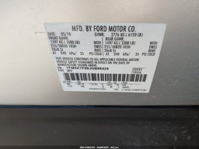 1FM5K7F89JGB88429 Ford Explorer Limited
