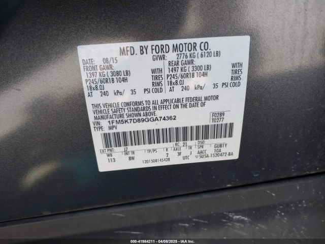 2016 FORD EXPLORER 1FM5K7D89GGA74362 Photo 8