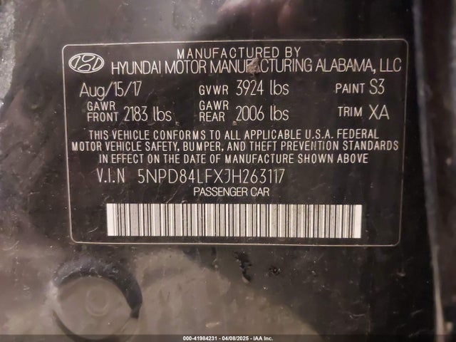 5NPD84LFXJH263117 Hyundai ELANTRA SEL