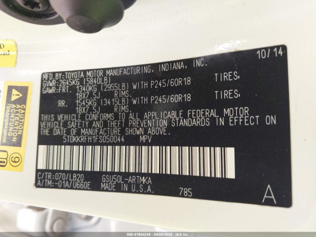 5TDKKRFH1FS050044 Toyota Highlander Xle V6
