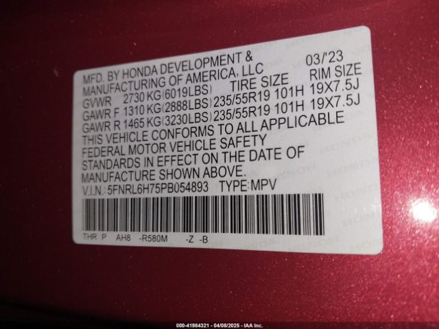 5FNRL6H75PB054893 Honda Odyssey Sport